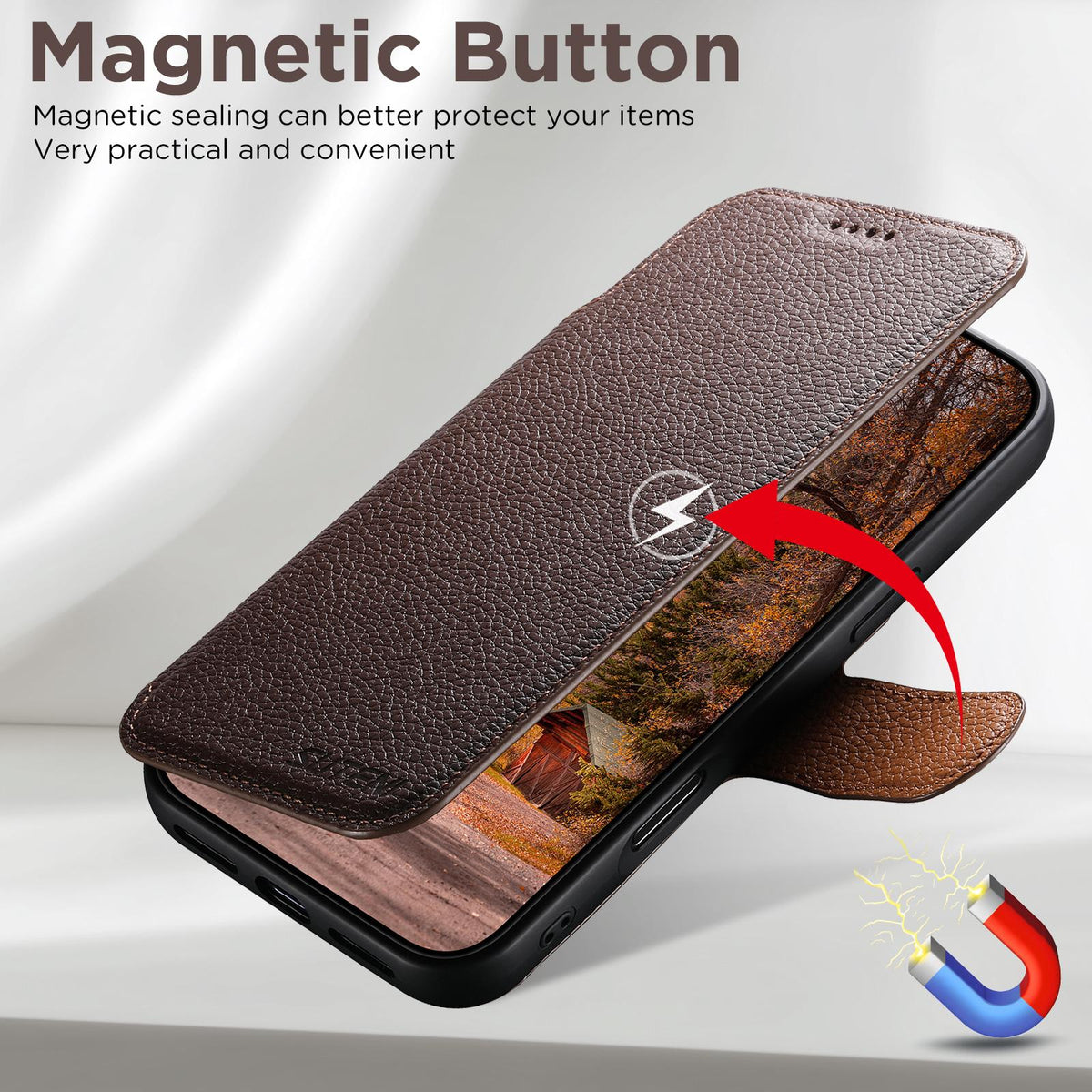 Compatible with iPhone 18 Pro Max Suteni Q05 -in-1 Multi-function MagSafe Wallet Big Litchi Leather Phone Case - Brown
