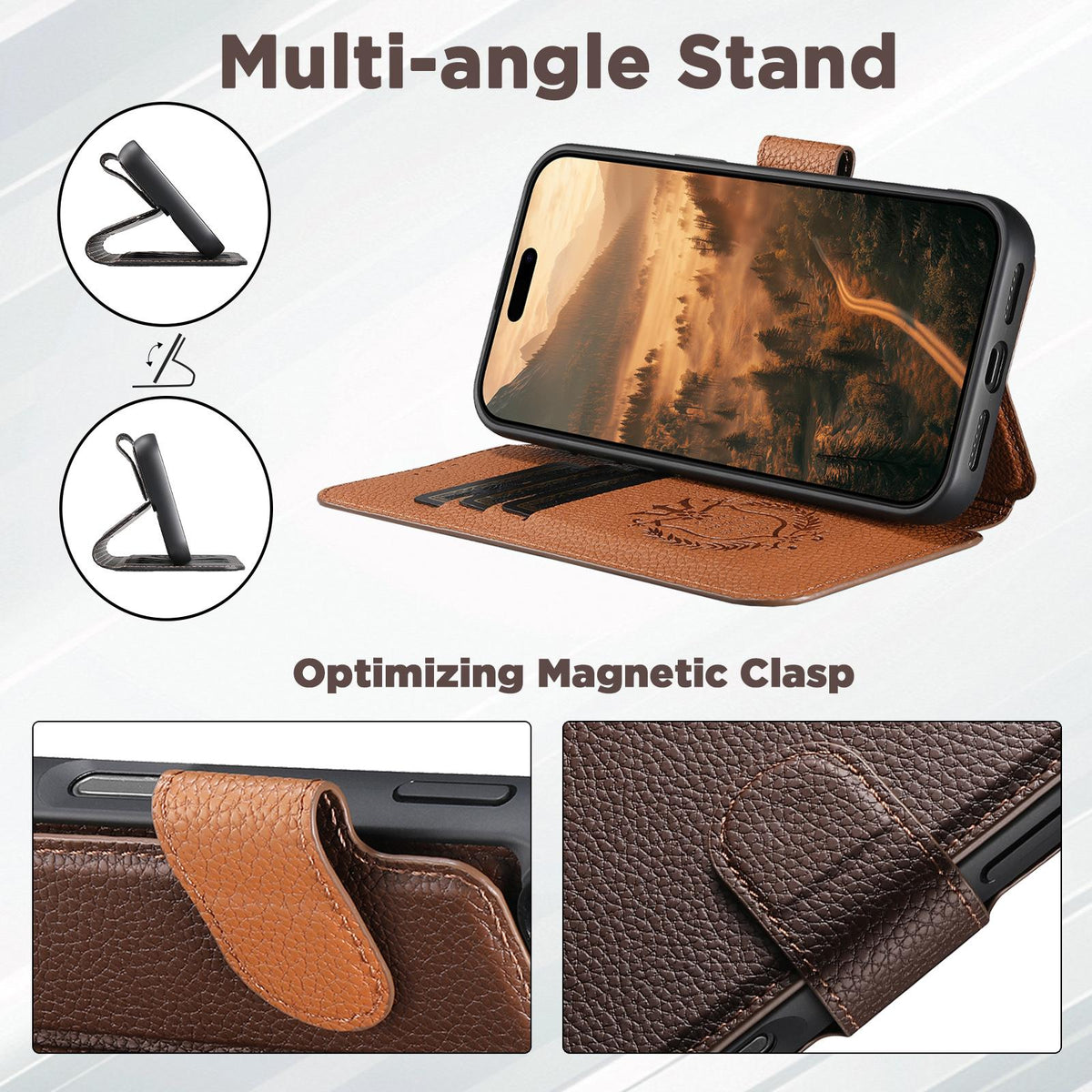Compatible with iPhone 18 Pro Max Suteni Q05 -in-1 Multi-function MagSafe Wallet Big Litchi Leather Phone Case - Brown