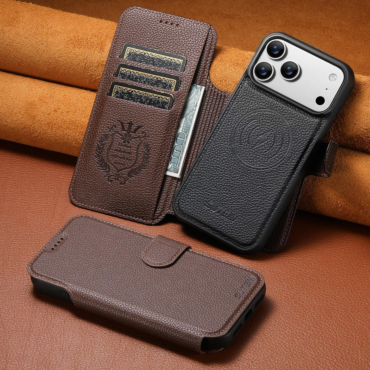 Compatible with iPhone 18 Pro Max Suteni Q05 -in-1 Multi-function MagSafe Wallet Big Litchi Leather Phone Case - Brown
