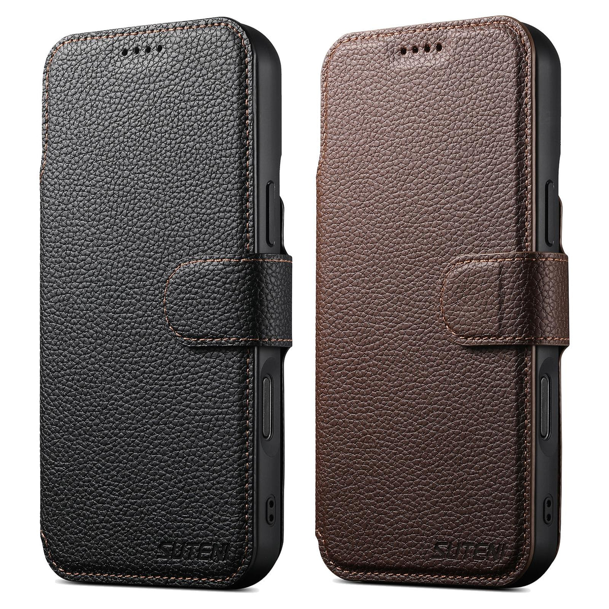 Compatible with iPhone 18 Pro Max Suteni Q05 -in-1 Multi-function MagSafe Wallet Big Litchi Leather Phone Case - Brown