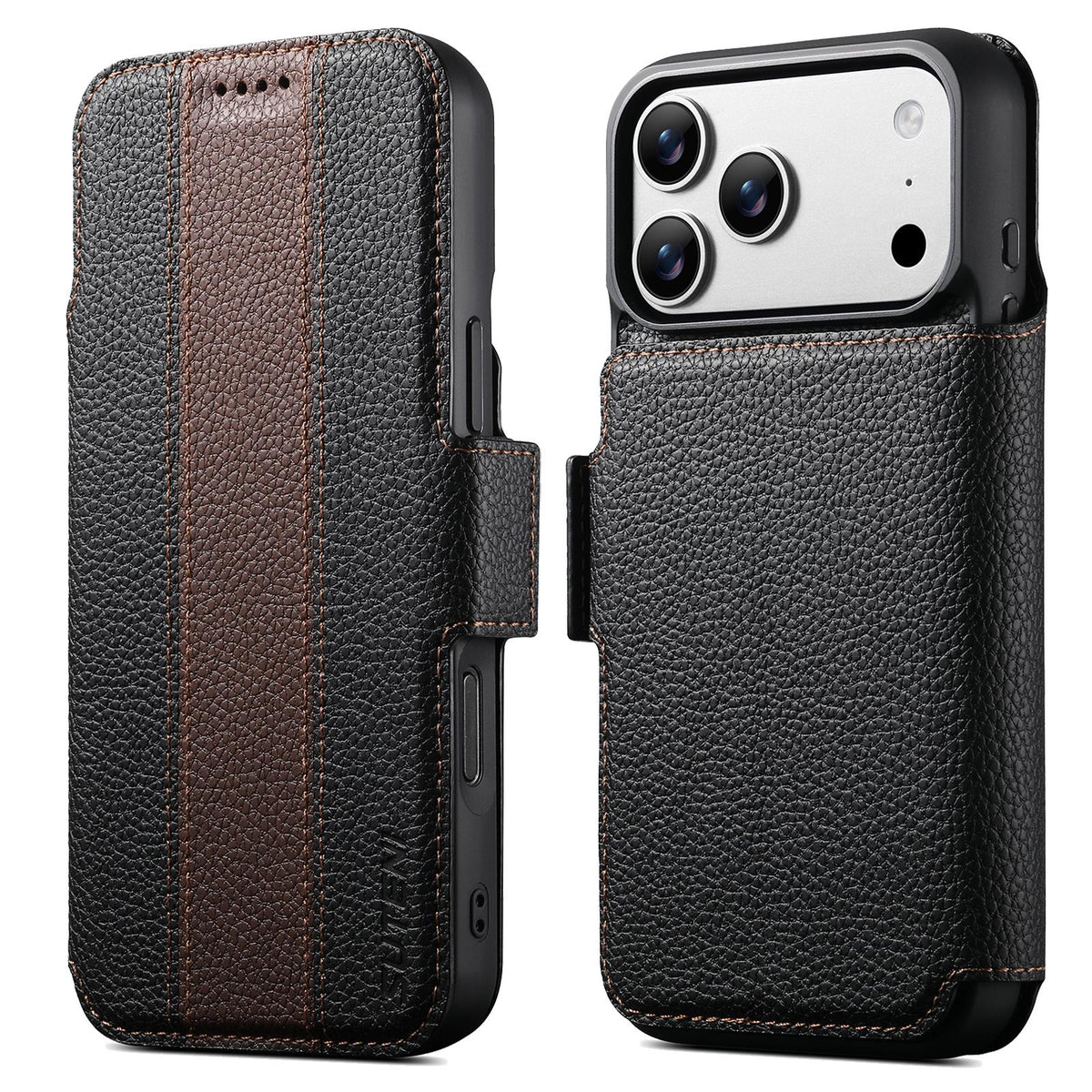 Compatible with iPhone 18 Pro Max Suteni Q08 2-in-1 Multi-function Magnetic Wallet Big Litchi Vegan Leather Phone Case - Brown