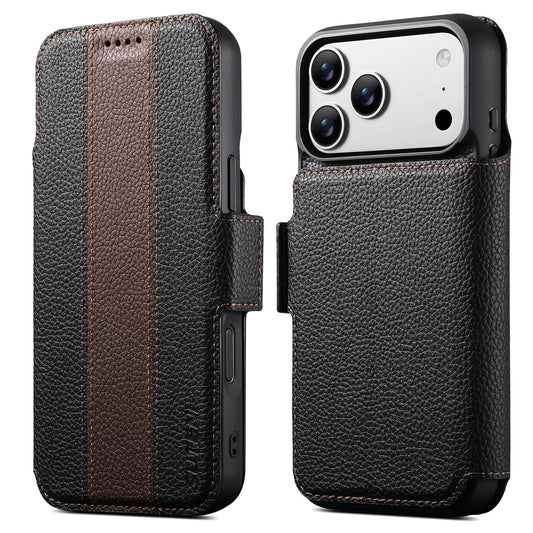 Compatible with iPhone 18 Pro Max Suteni Q08 2-in-1 Multi-function Magnetic Wallet Big Litchi Vegan Leather Phone Case - Brown
