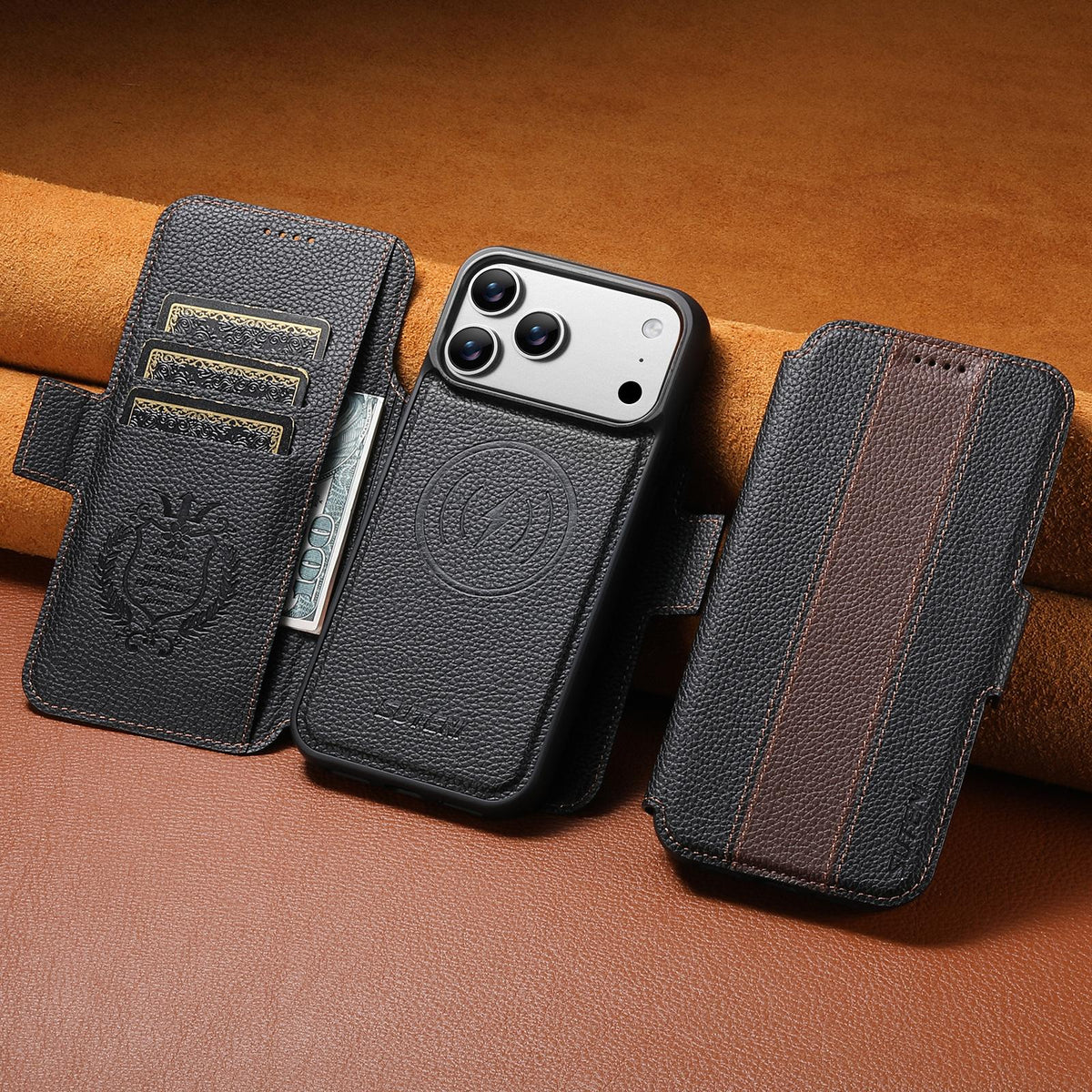 Compatible with iPhone 18 Pro Max Suteni Q08 2-in-1 Multi-function Magnetic Wallet Big Litchi Vegan Leather Phone Case - Brown