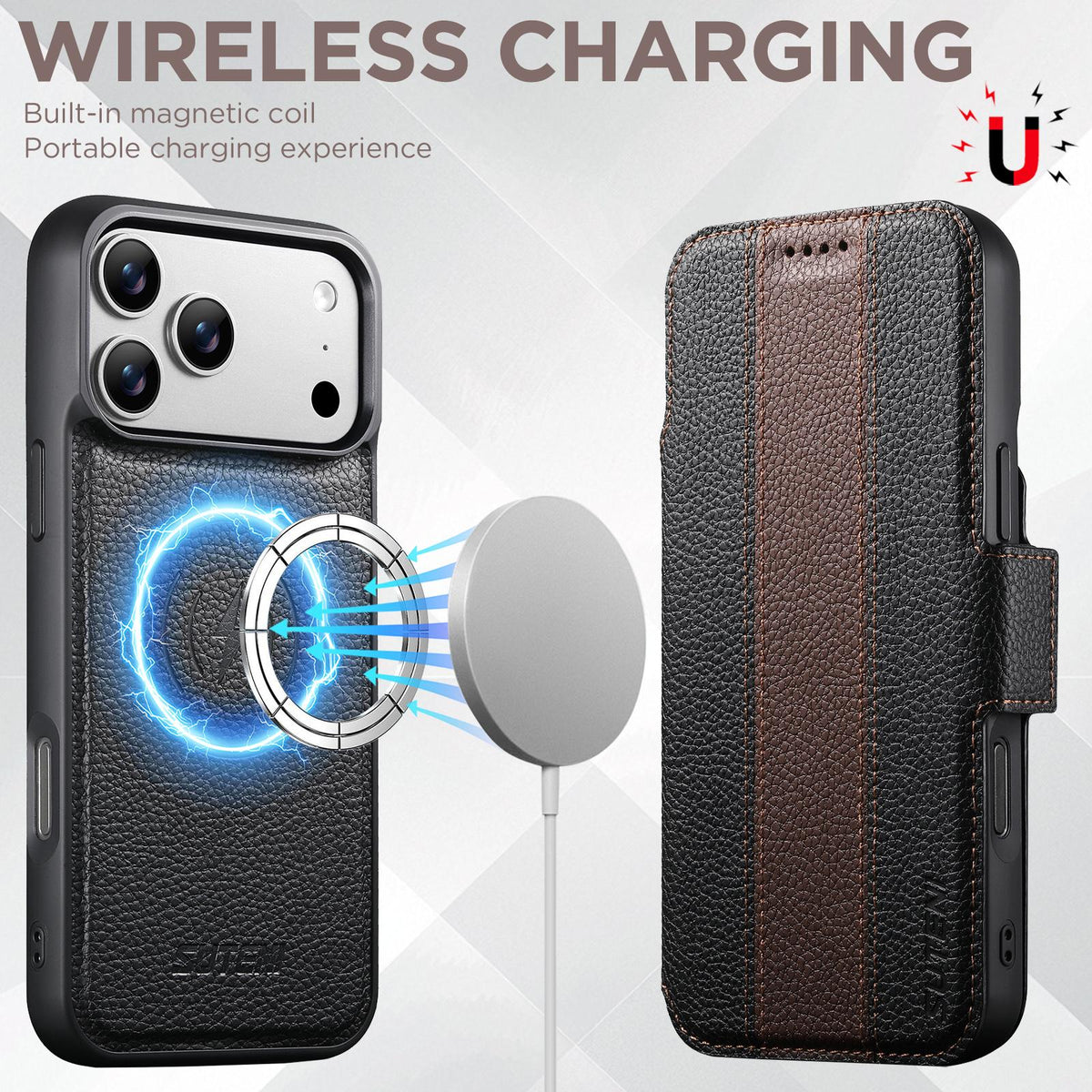 Compatible with iPhone 18 Pro Max Suteni Q08 2-in-1 Multi-function Magnetic Wallet Big Litchi Vegan Leather Phone Case - Brown