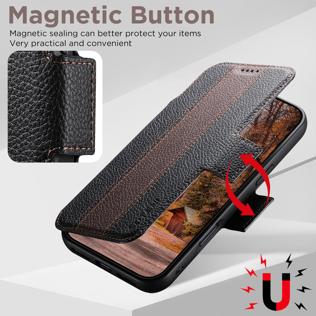 Compatible with iPhone 18 Pro Max Suteni Q08 2-in-1 Multi-function Magnetic Wallet Big Litchi Vegan Leather Phone Case - Brown