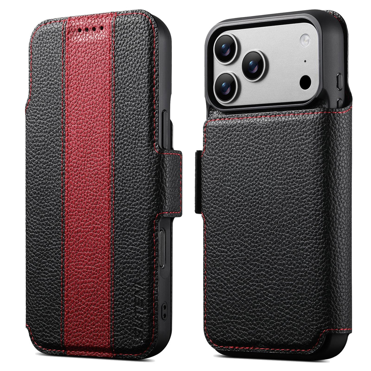 Compatible with iPhone 18 Pro Max Suteni Q08 2-in-1 Multi-function Magnetic Wallet Big Litchi Vegan Leather Phone Case - Red