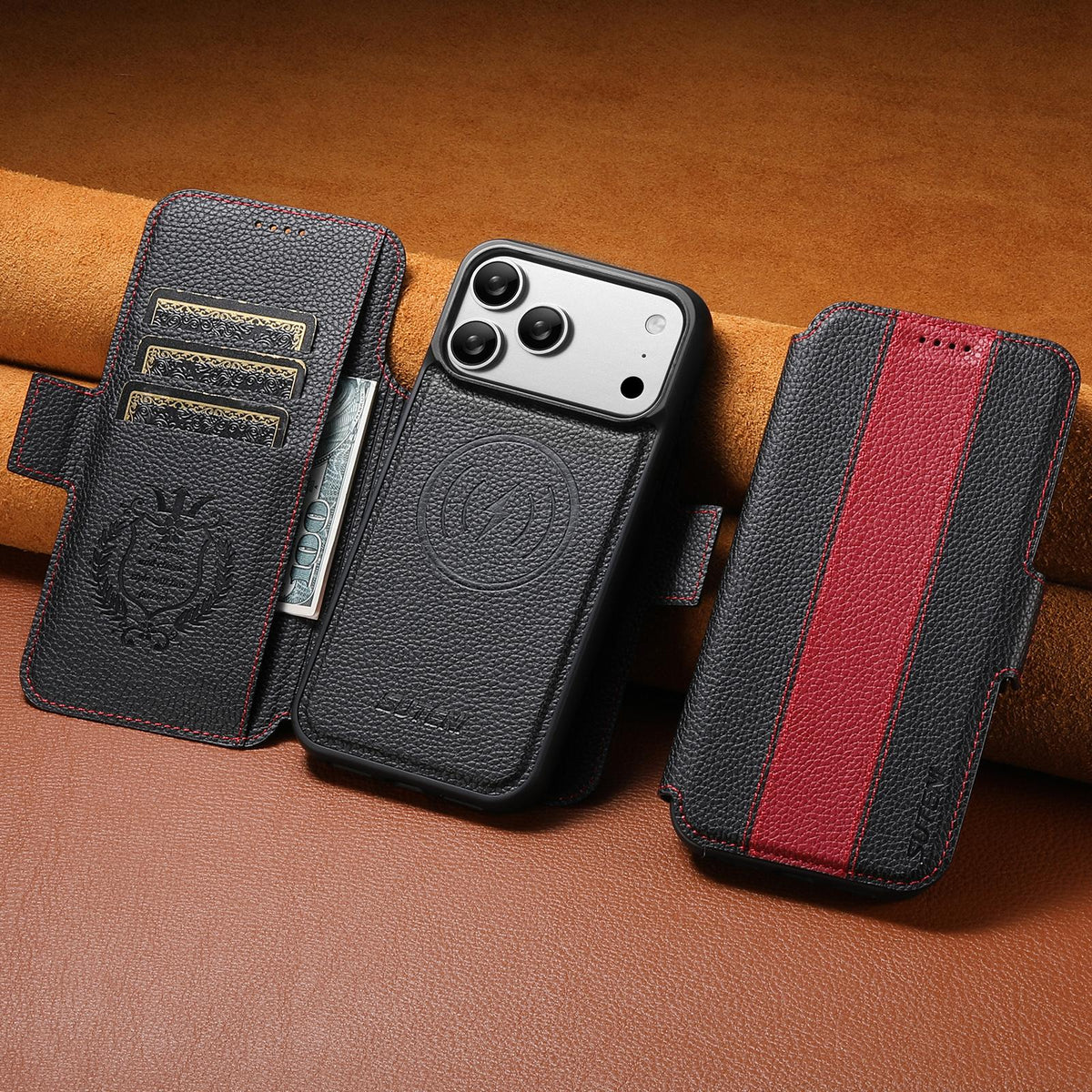 Compatible with iPhone 18 Pro Max Suteni Q08 2-in-1 Multi-function Magnetic Wallet Big Litchi Vegan Leather Phone Case - Red