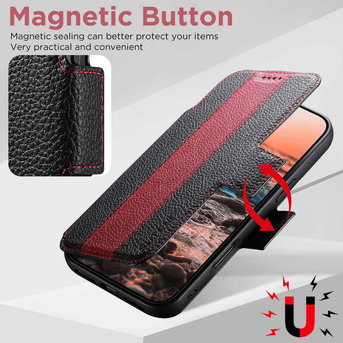 Compatible with iPhone 18 Pro Max Suteni Q08 2-in-1 Multi-function Magnetic Wallet Big Litchi Vegan Leather Phone Case - Red