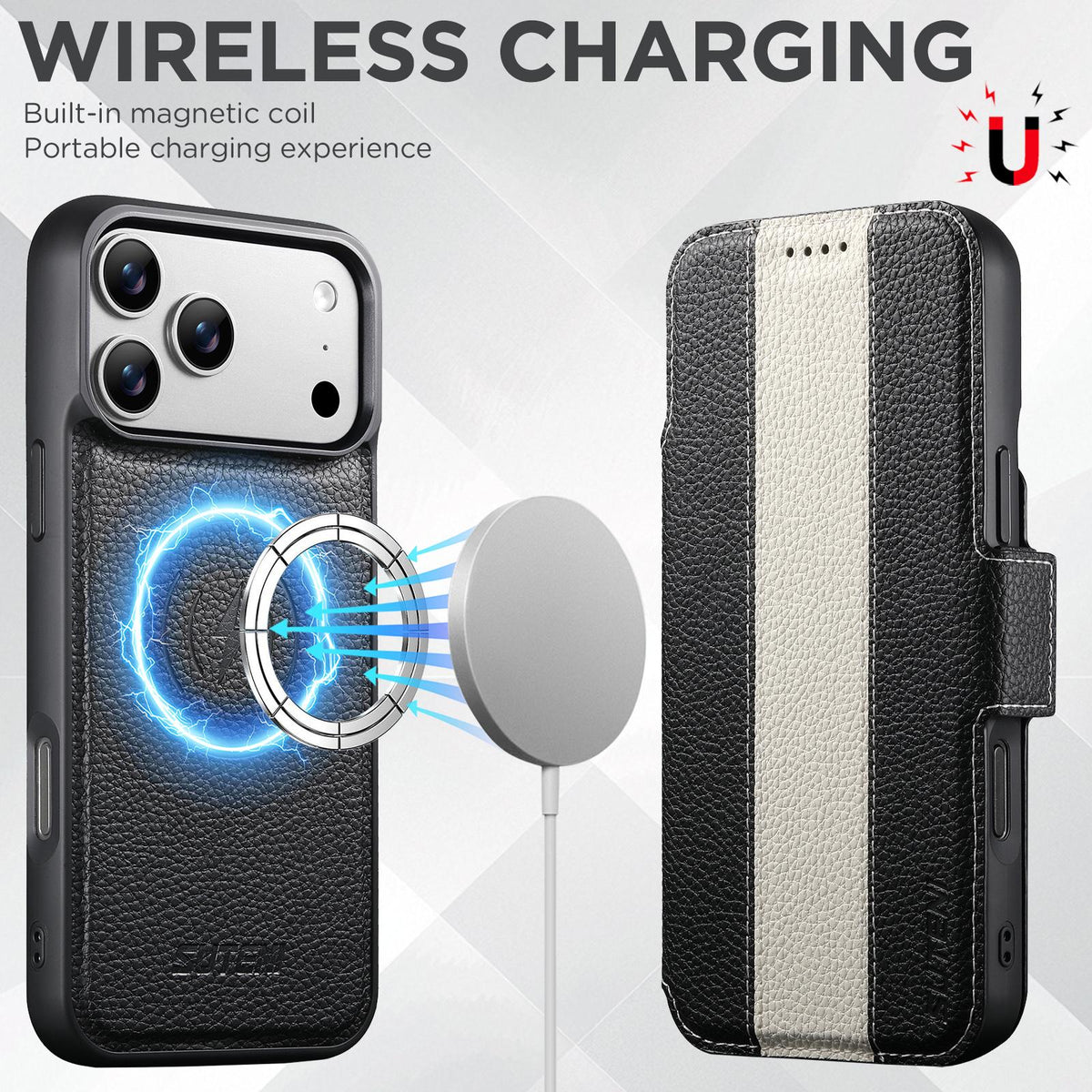 Compatible with iPhone 18 Pro Max Suteni Q08 2-in-1 Multi-function Magnetic Wallet Big Litchi Vegan Leather Phone Case - White