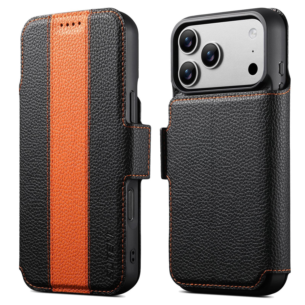 Compatible with iPhone 18 Pro Max Suteni Q08 2-in-1 Multi-function Magnetic Wallet Big Litchi Vegan Leather Phone Case - Orange