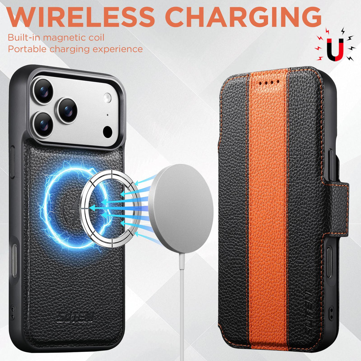 Compatible with iPhone 18 Pro Max Suteni Q08 2-in-1 Multi-function Magnetic Wallet Big Litchi Vegan Leather Phone Case - Orange