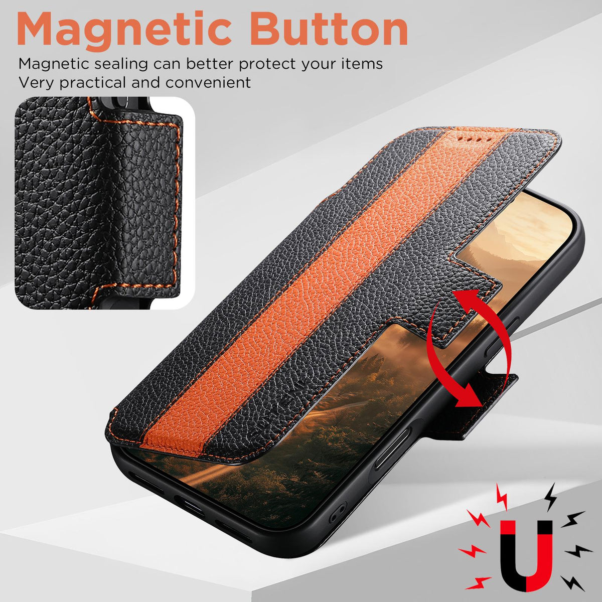 Compatible with iPhone 18 Pro Max Suteni Q08 2-in-1 Multi-function Magnetic Wallet Big Litchi Vegan Leather Phone Case - Orange
