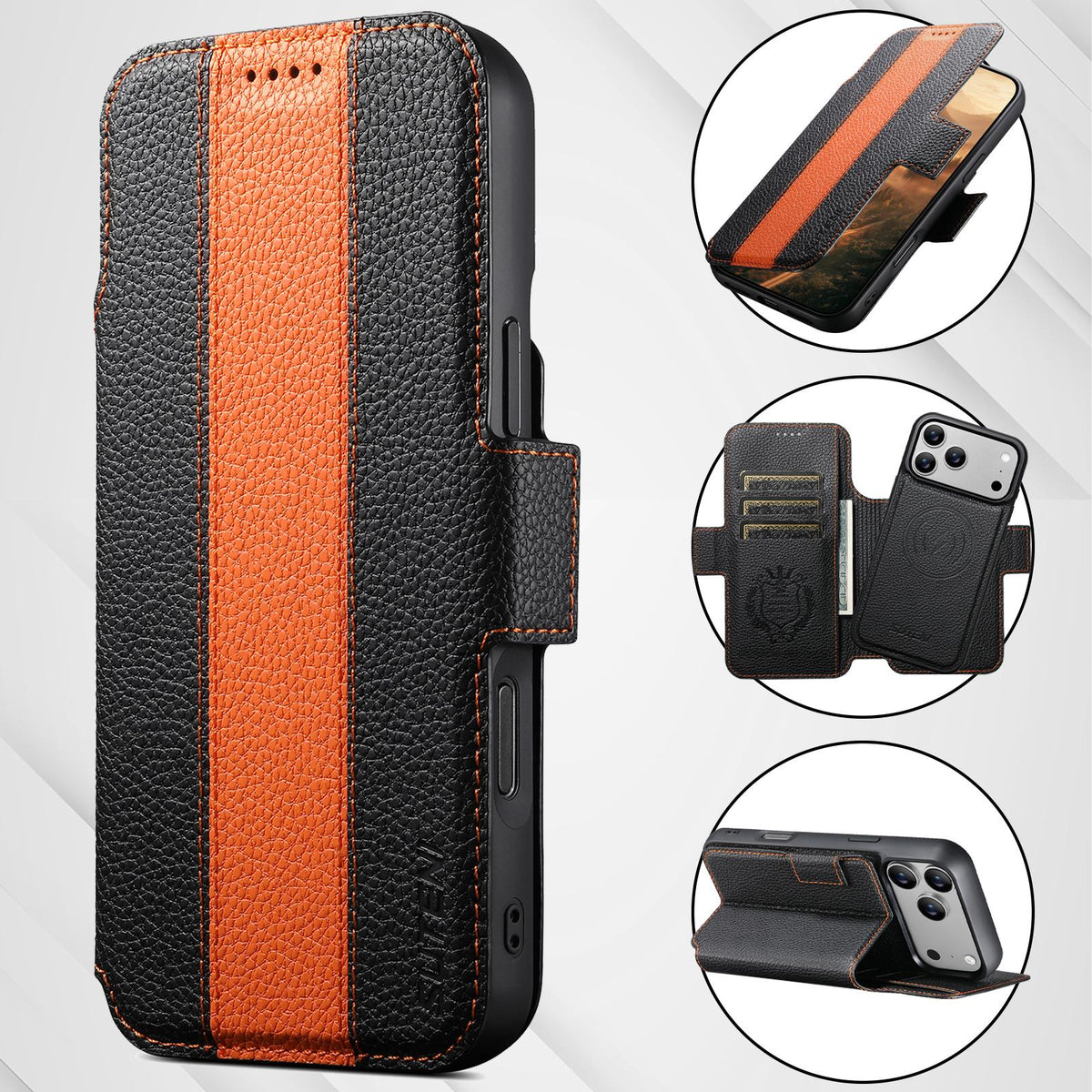 Compatible with iPhone 18 Pro Max Suteni Q08 2-in-1 Multi-function Magnetic Wallet Big Litchi Vegan Leather Phone Case - Red