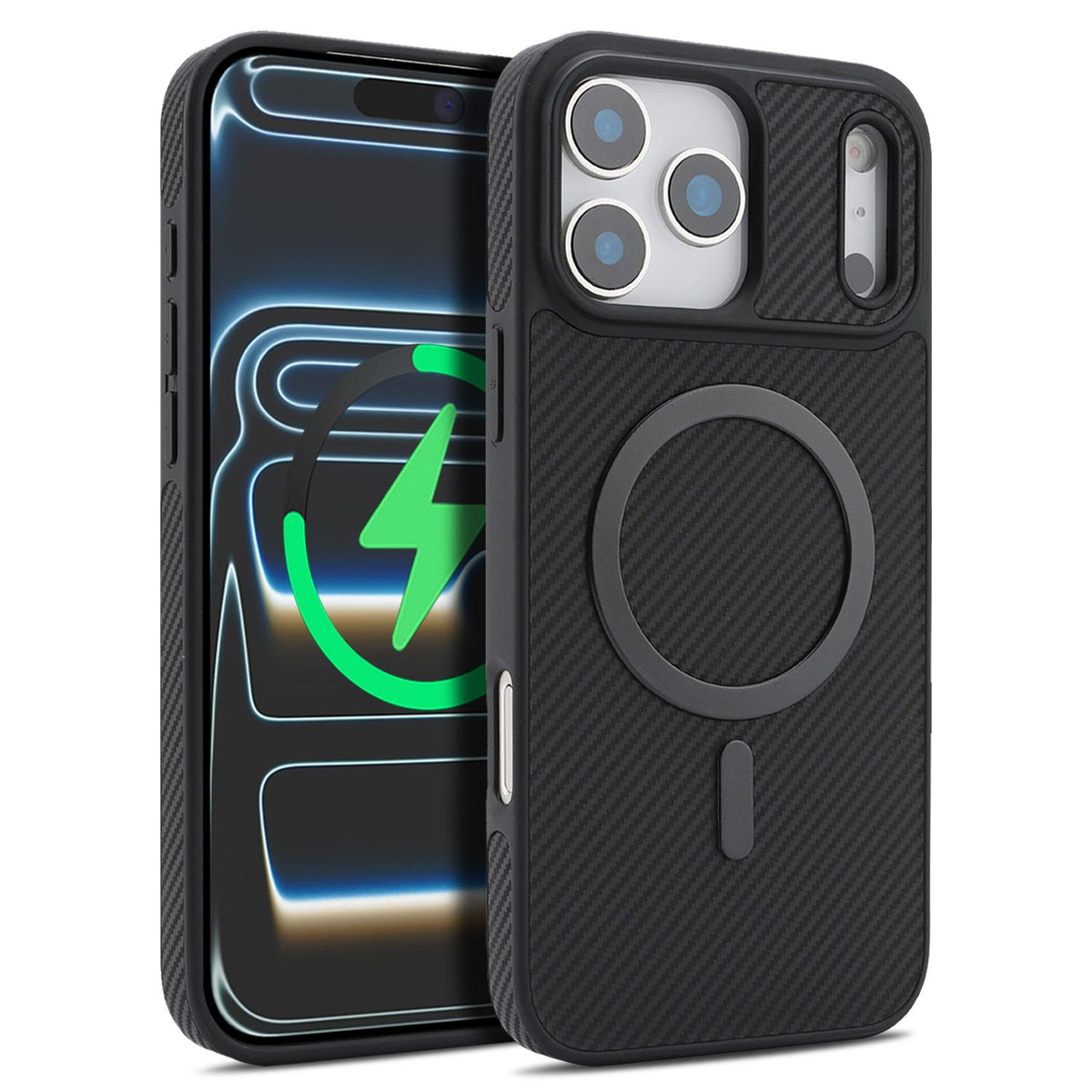 Compatible with iPhone 18 Pro Max Carbon Fiber MagSafe Phone Case - Black