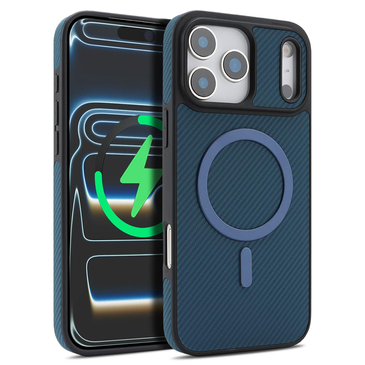 Compatible with iPhone 18 Pro Max Carbon Fiber MagSafe Phone Case - Blue