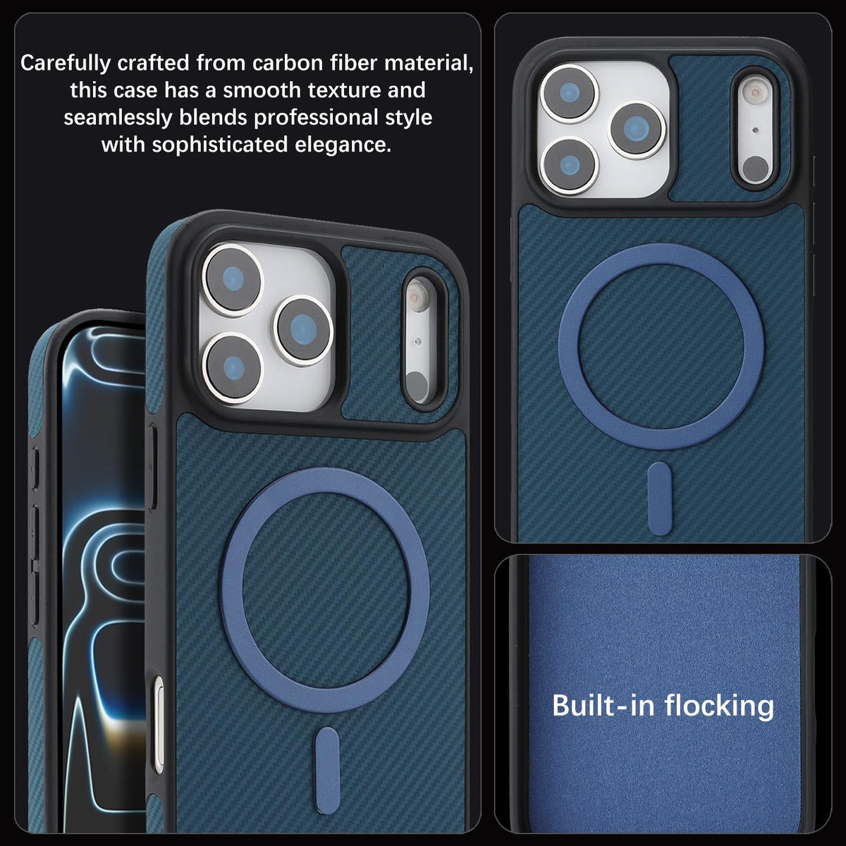 Compatible with iPhone 18 Pro Max Carbon Fiber MagSafe Phone Case - Blue