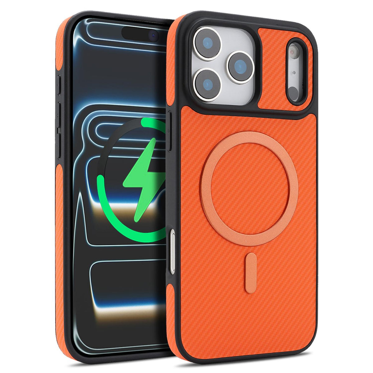 Compatible with iPhone 18 Pro Max Carbon Fiber MagSafe Phone Case - Orange