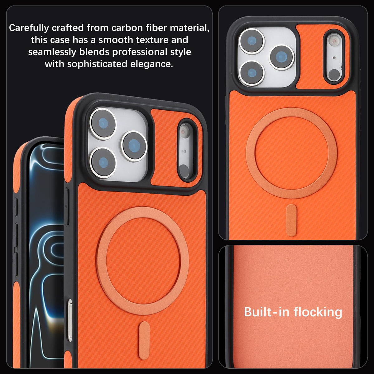 Compatible with iPhone 18 Pro Max Carbon Fiber MagSafe Phone Case - Orange
