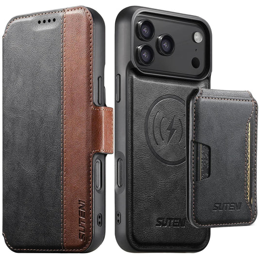 Compatible with iPhone 18 Pro Max Suteni Q07S3 Left-Right Splicing Cowhide Pattern Flip Side Card Wallet Removable Magnetic Phone Case - Black