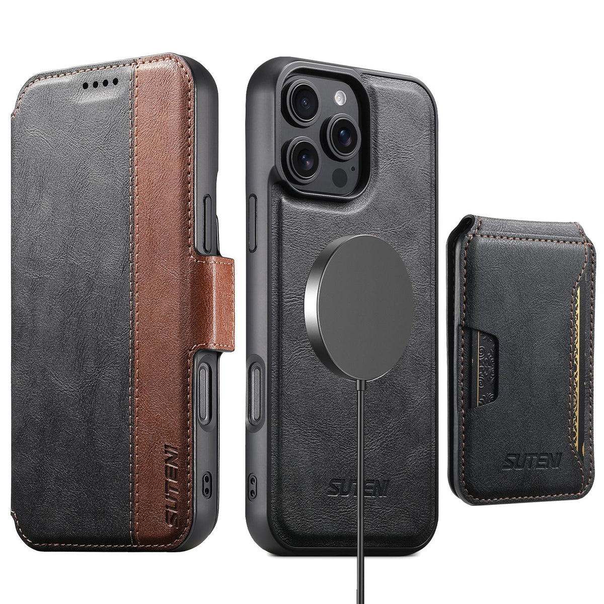 Compatible with iPhone 18 Pro Max Suteni Q07S3 Left-Right Splicing Cowhide Pattern Flip Side Card Wallet Removable Magnetic Phone Case - Black