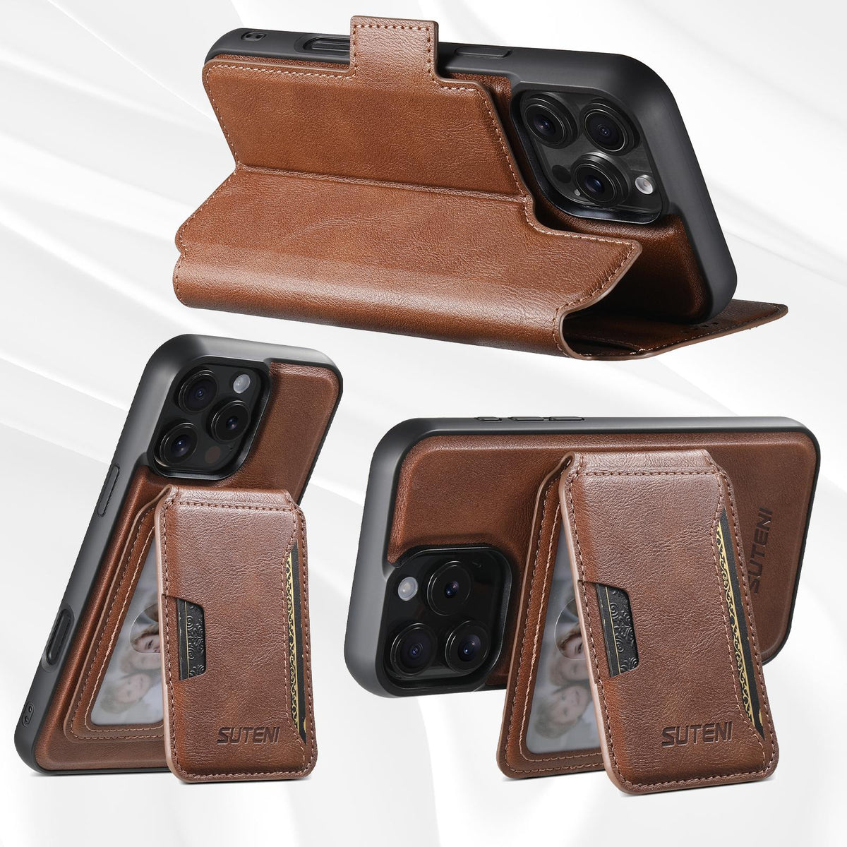 Compatible with iPhone 18 Pro Max Suteni Q07S3 Left-Right Splicing Cowhide Pattern Flip Side Card Wallet Removable Magnetic Phone Case - Brown