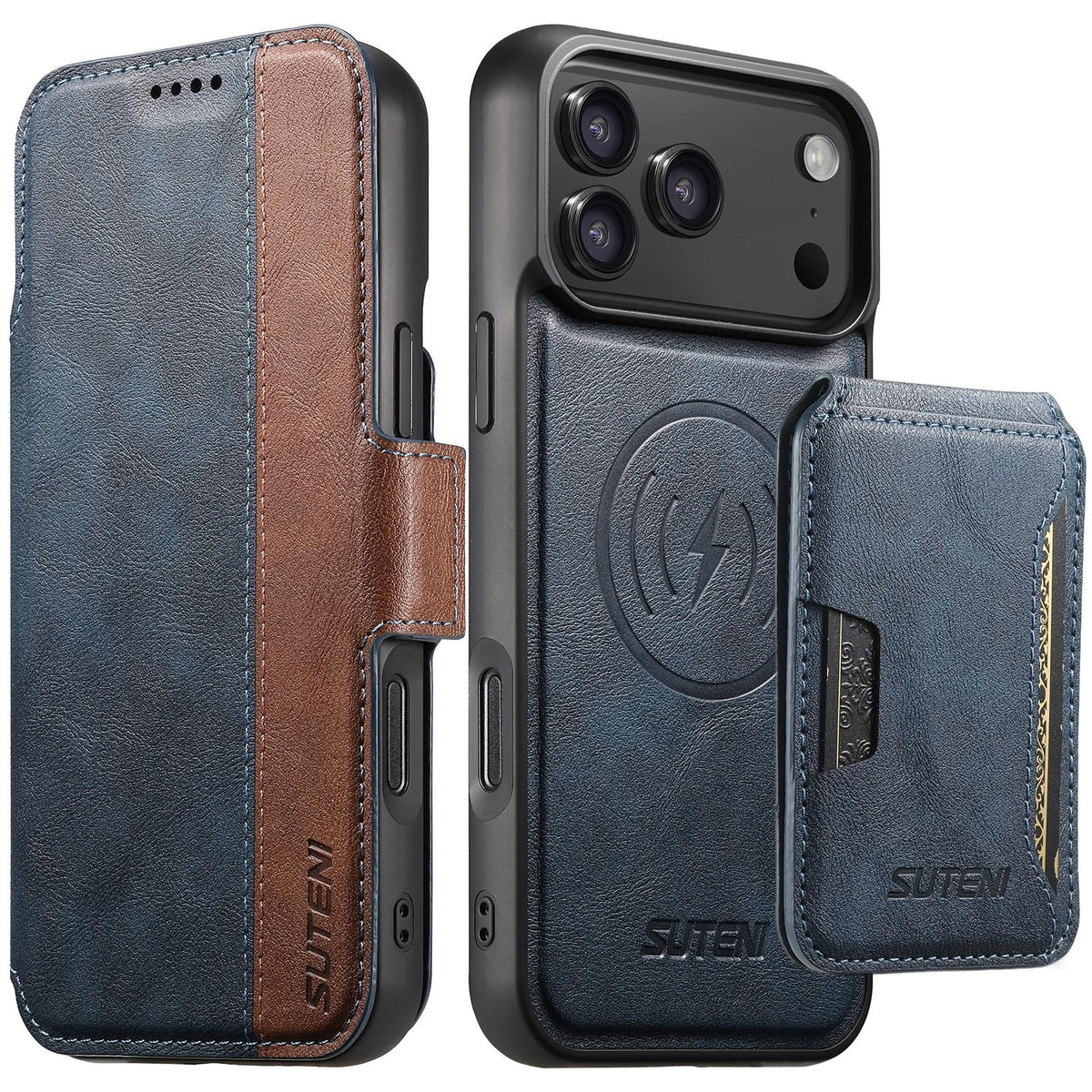 Compatible with iPhone 18 Pro Max Suteni Q07S3 Left-Right Splicing Cowhide Pattern Flip Side Card Wallet Removable Magnetic Phone Case - Blue