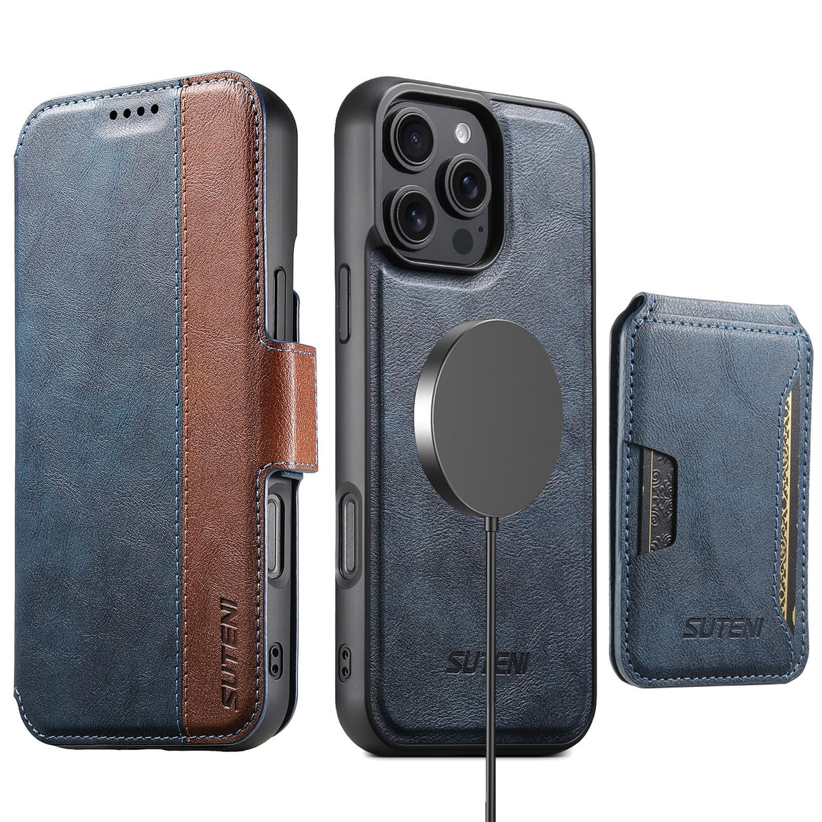 Compatible with iPhone 18 Pro Max Suteni Q07S3 Left-Right Splicing Cowhide Pattern Flip Side Card Wallet Removable Magnetic Phone Case - Blue
