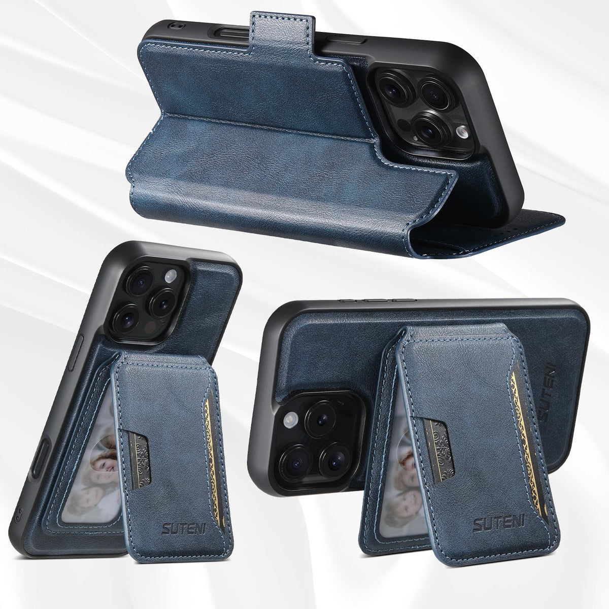 Compatible with iPhone 18 Pro Max Suteni Q07S3 Left-Right Splicing Cowhide Pattern Flip Side Card Wallet Removable Magnetic Phone Case - Blue