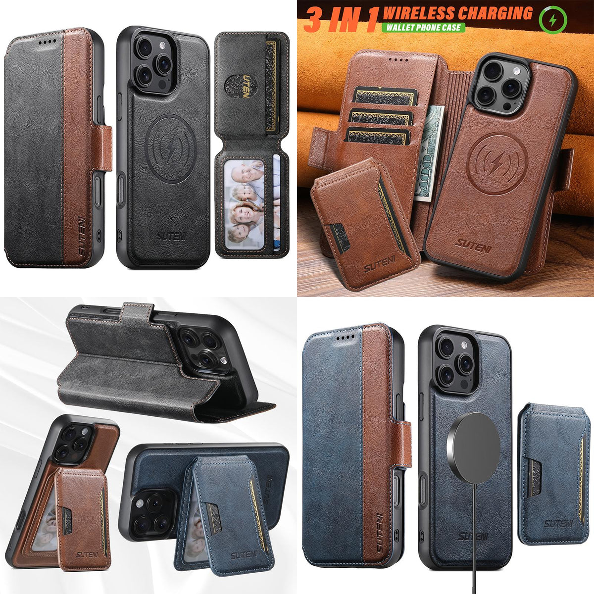 Compatible with iPhone 18 Pro Max Suteni Q07S3 Left-Right Splicing Cowhide Pattern Flip Side Card Wallet Removable Magnetic Phone Case - Black