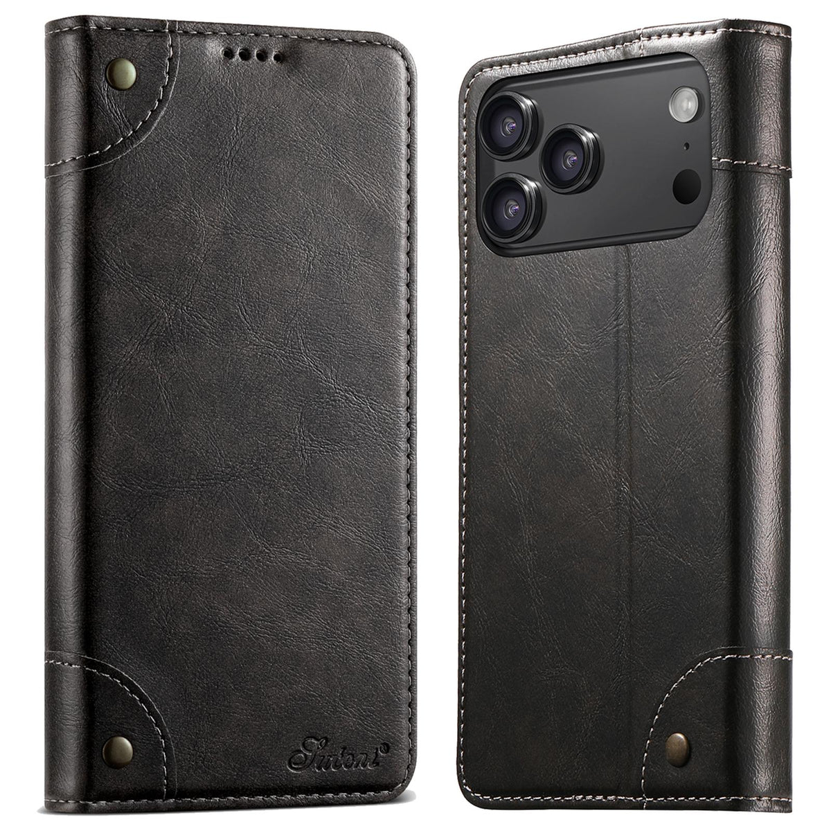 Compatible with iPhone 18 Pro Max Suteni Baroque Calf Texture Buckle Wallet Leather Phone Case - Black
