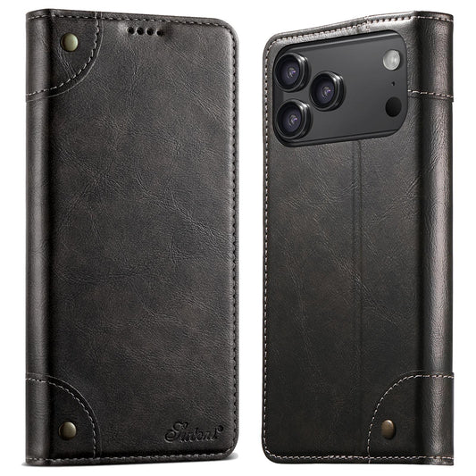 Compatible with iPhone 18 Pro Max Suteni Baroque Calf Texture Buckle Wallet Leather Phone Case - Black