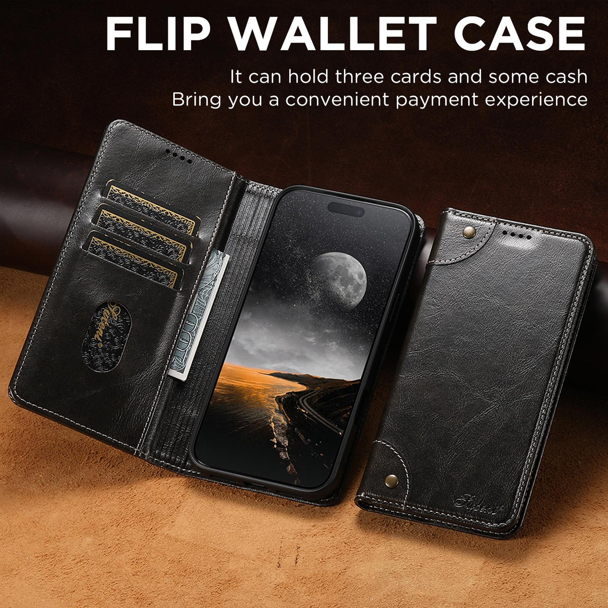 Compatible with iPhone 18 Pro Max Suteni Baroque Calf Texture Buckle Wallet Leather Phone Case - Black