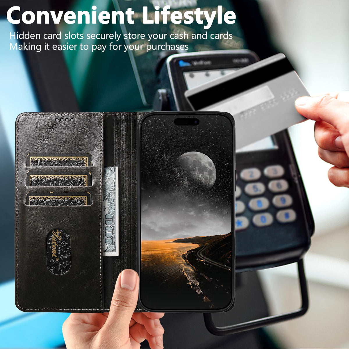 Compatible with iPhone 18 Pro Max Suteni Baroque Calf Texture Buckle Wallet Leather Phone Case - Black