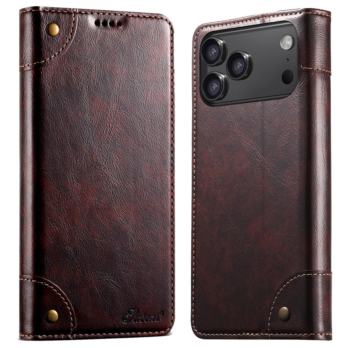 Compatible with iPhone 18 Pro Max Suteni Baroque Calf Texture Buckle Wallet Leather Phone Case - Brown