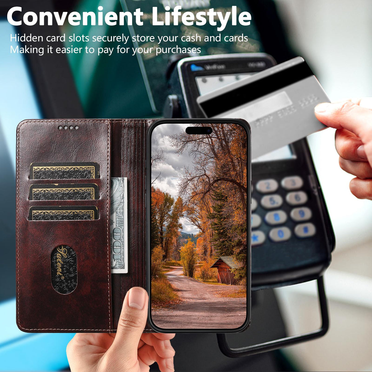 Compatible with iPhone 18 Pro Max Suteni Baroque Calf Texture Buckle Wallet Leather Phone Case - Brown
