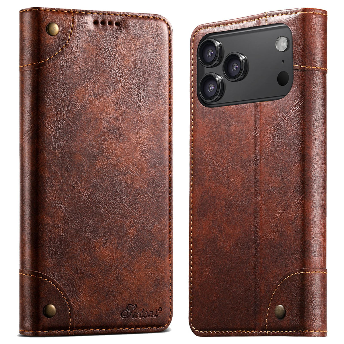 Compatible with iPhone 18 Pro Max Suteni Baroque Calf Texture Buckle Wallet Leather Phone Case - Khaki