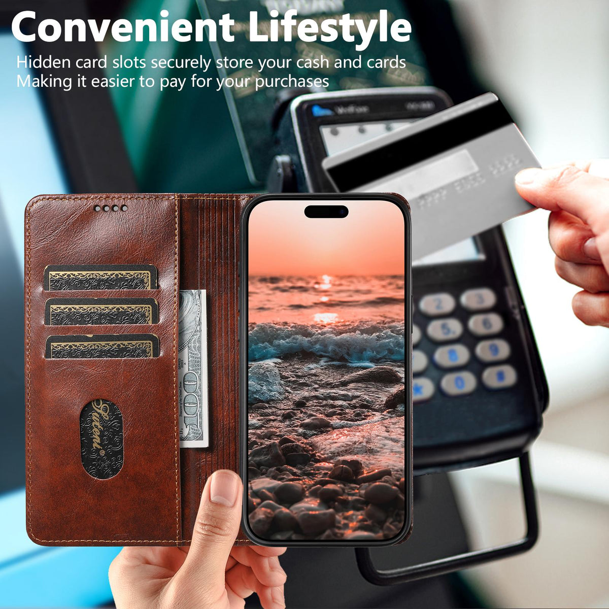 Compatible with iPhone 18 Pro Max Suteni Baroque Calf Texture Buckle Wallet Leather Phone Case - Khaki