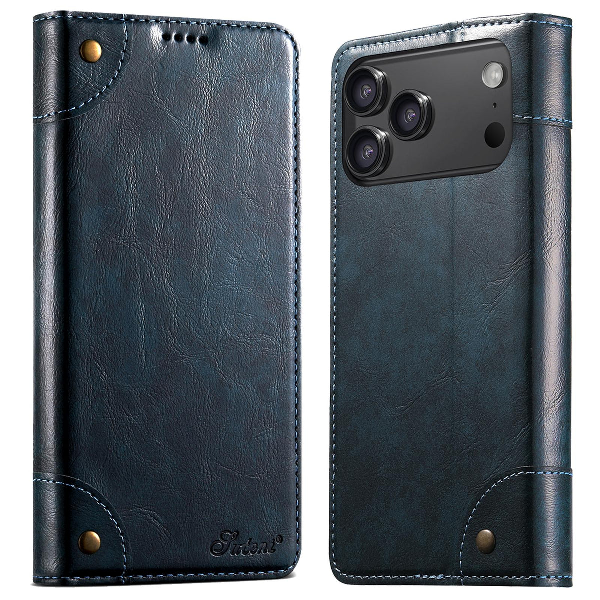 Compatible with iPhone 18 Pro Suteni Baroque Calf Texture Buckle Wallet Leather Phone Case - Blue