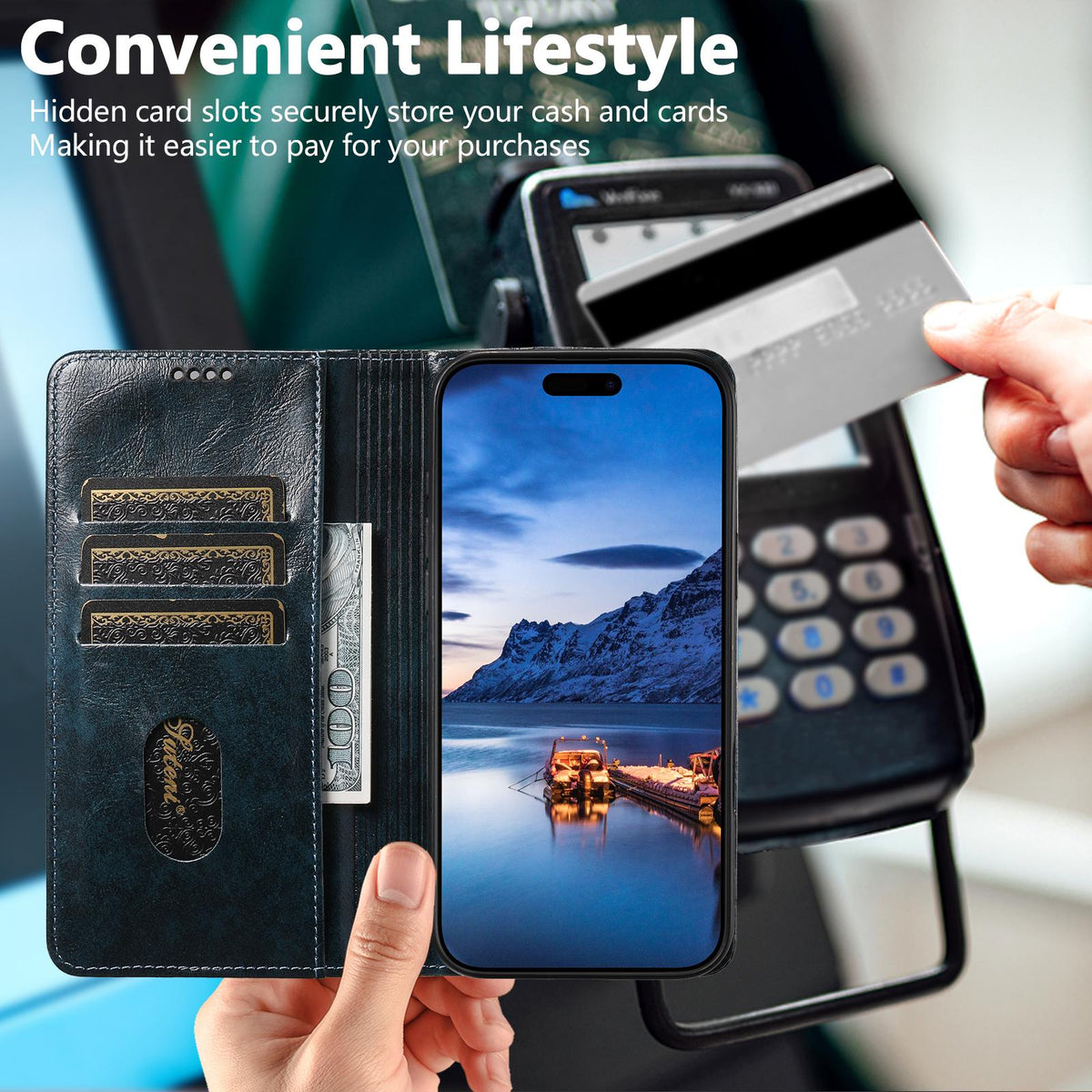 Compatible with iPhone 18 Pro Suteni Baroque Calf Texture Buckle Wallet Leather Phone Case - Blue