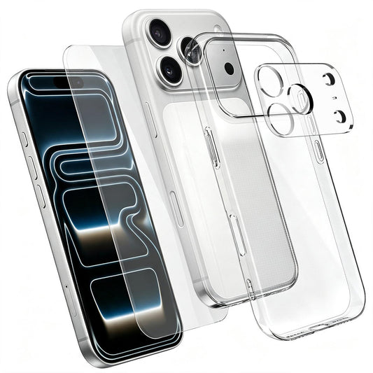 3 in 1 Set Clear TPU Phone Case with High Alumina Tempered Glass Film + Lens Protector Compatible with iPhone 18 Pro Max
