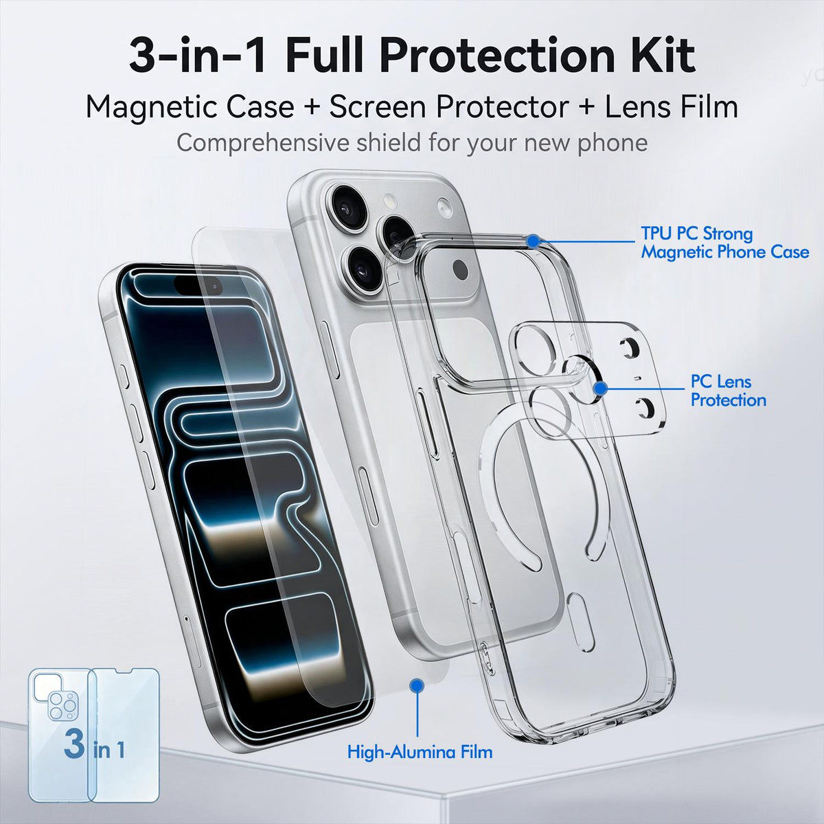 3 in 1 Set TPU + PC Clear Magnetic Phone Case with High Alumina Tempered Film + Lens Protector Compatible with iPhone 18 Pro Max