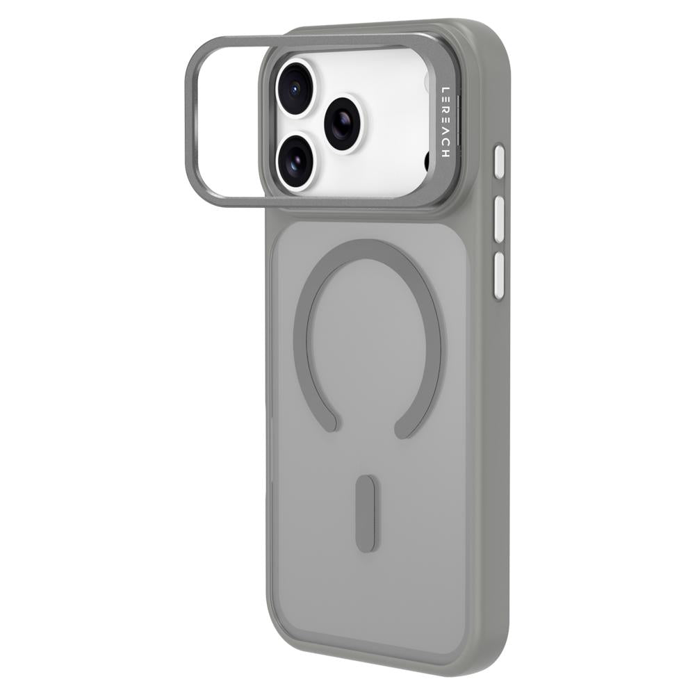 Compatible with iPhone 18 Pro LeReach Le-Luster Series Metal Lens Kickstand Magnetic Phone Case - Grey
