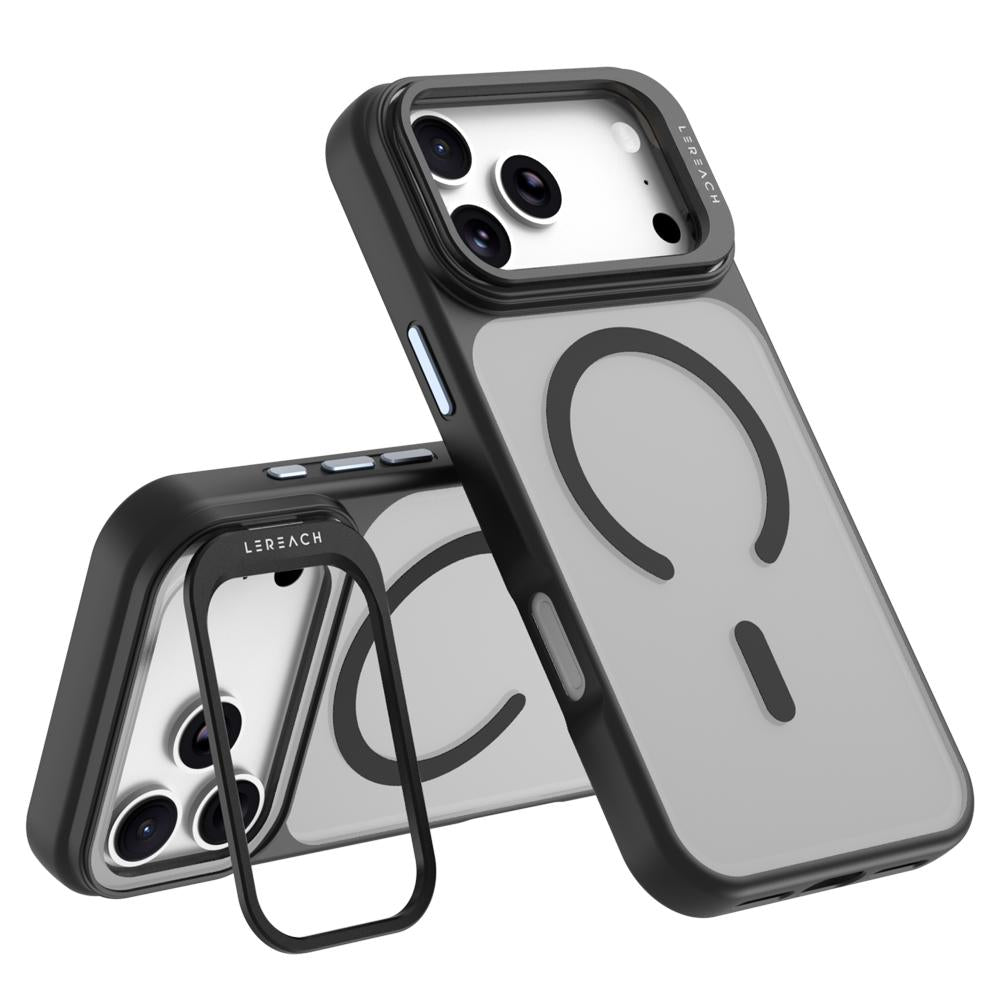Compatible with iPhone 18 Pro Max LeReach Le-Luster Series Metal Lens Kickstand Magnetic Phone Case - Black