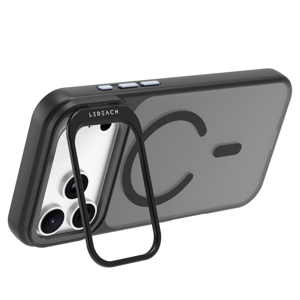 Compatible with iPhone 18 Pro Max LeReach Le-Luster Series Metal Lens Kickstand Magnetic Phone Case - Black