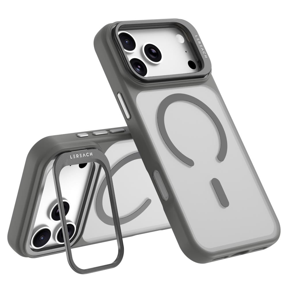 Compatible with iPhone 18 Pro Max LeReach Le-Luster Series Metal Lens Kickstand Magnetic Phone Case - Grey