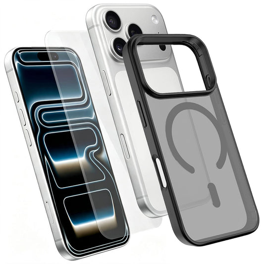 2 in 1 Set Magnetic Phone Case with Screen Tempered Film Compatible with iPhone 18 Pro Max - Black