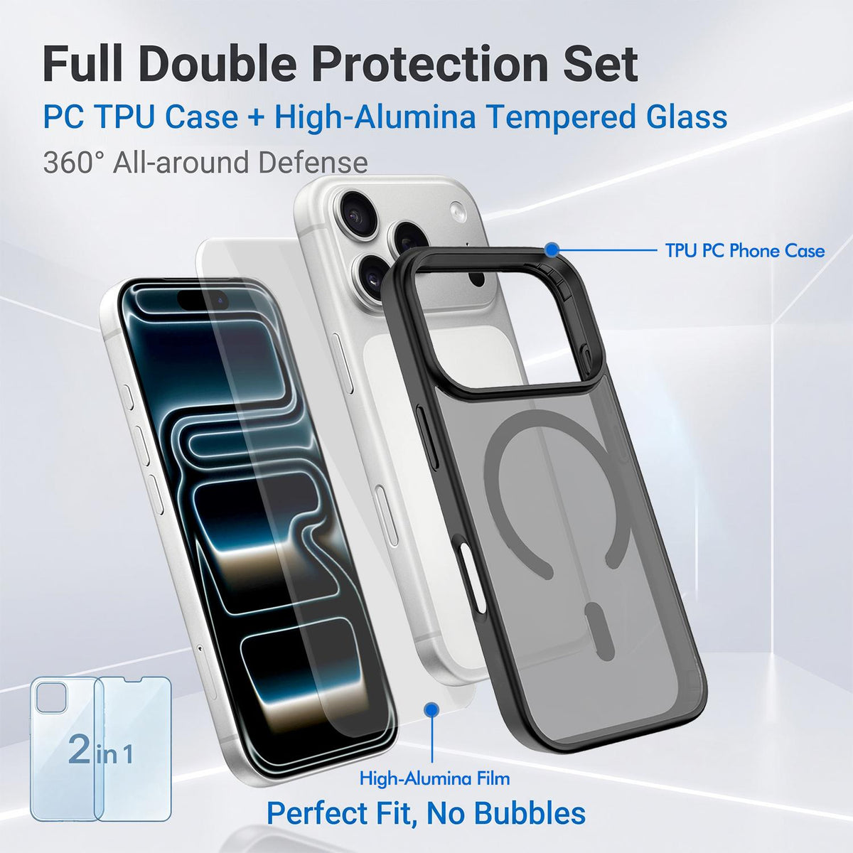 2 in 1 Set Magnetic Phone Case with Screen Tempered Film Compatible with iPhone 18 Pro Max - Black