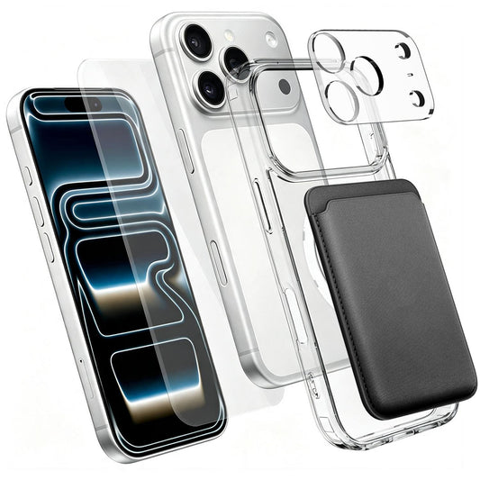 4 in 1 Set Clear Magnetic Phone Case with Screen Film + Lens Protector + Card Bag Compatible with iPhone 18 Pro Max - Transparent