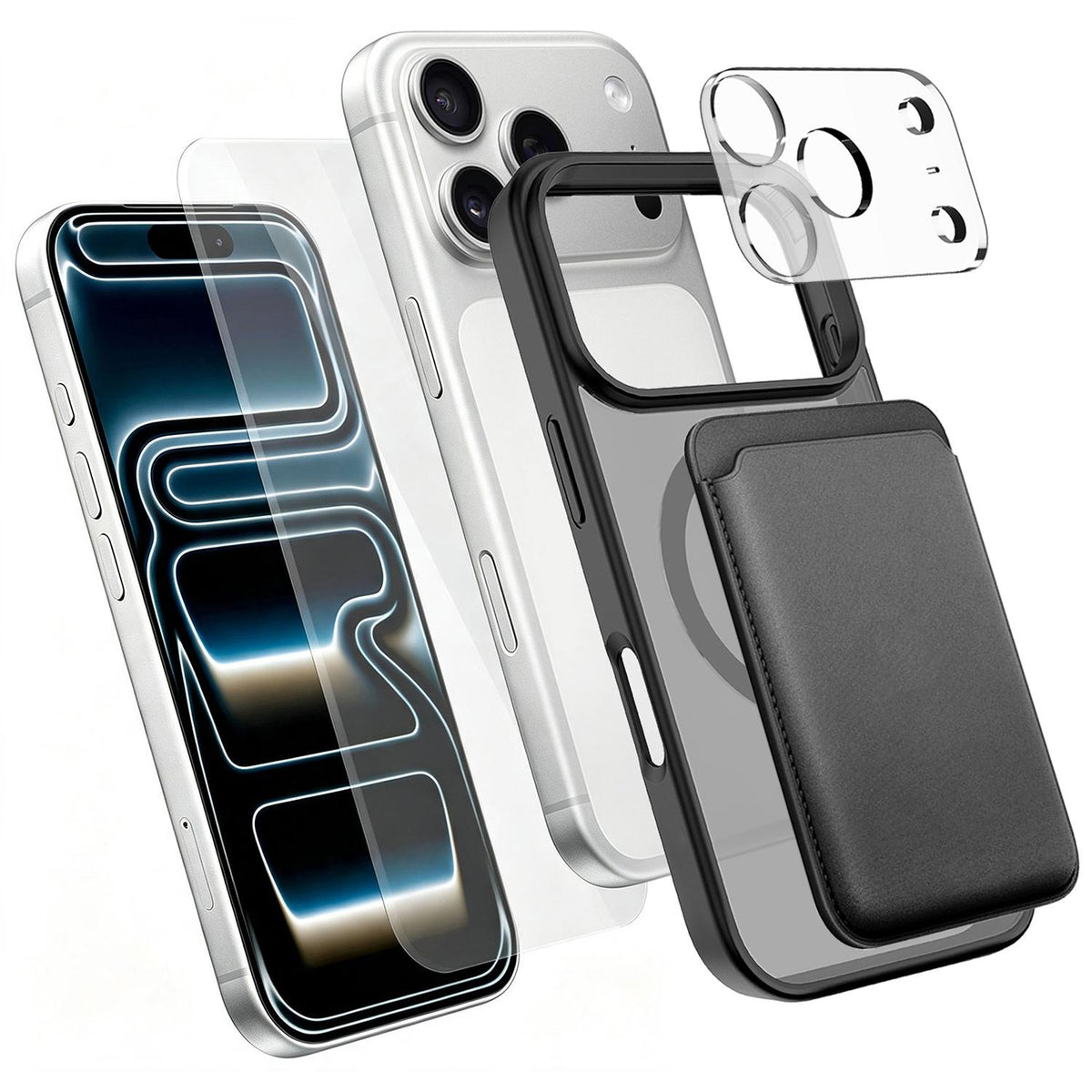 4 in 1 Set Magnetic Phone Case with Screen Film + Lens Protector + Card Bag Compatible with iPhone 18 Pro Max - Black