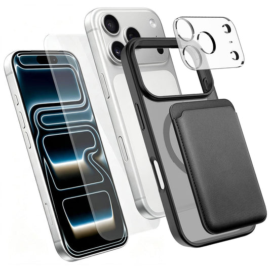4 in 1 Set Magnetic Phone Case with Screen Film + Lens Protector + Card Bag Compatible with iPhone 18 Pro Max - Black